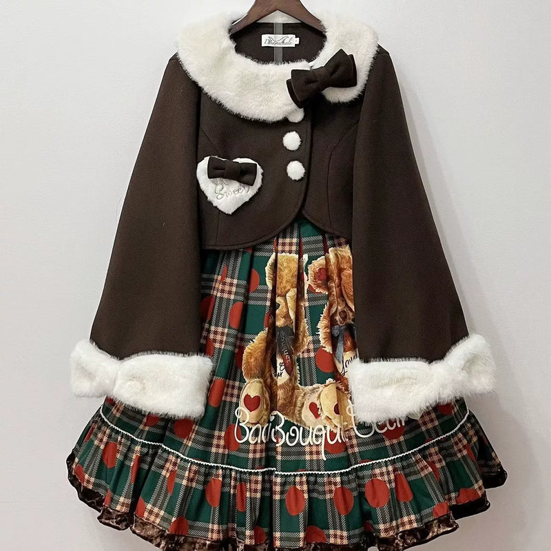 Christmas Peter Pan Collar Plush-Trim Lolita Cape — Brown - Regular Version
