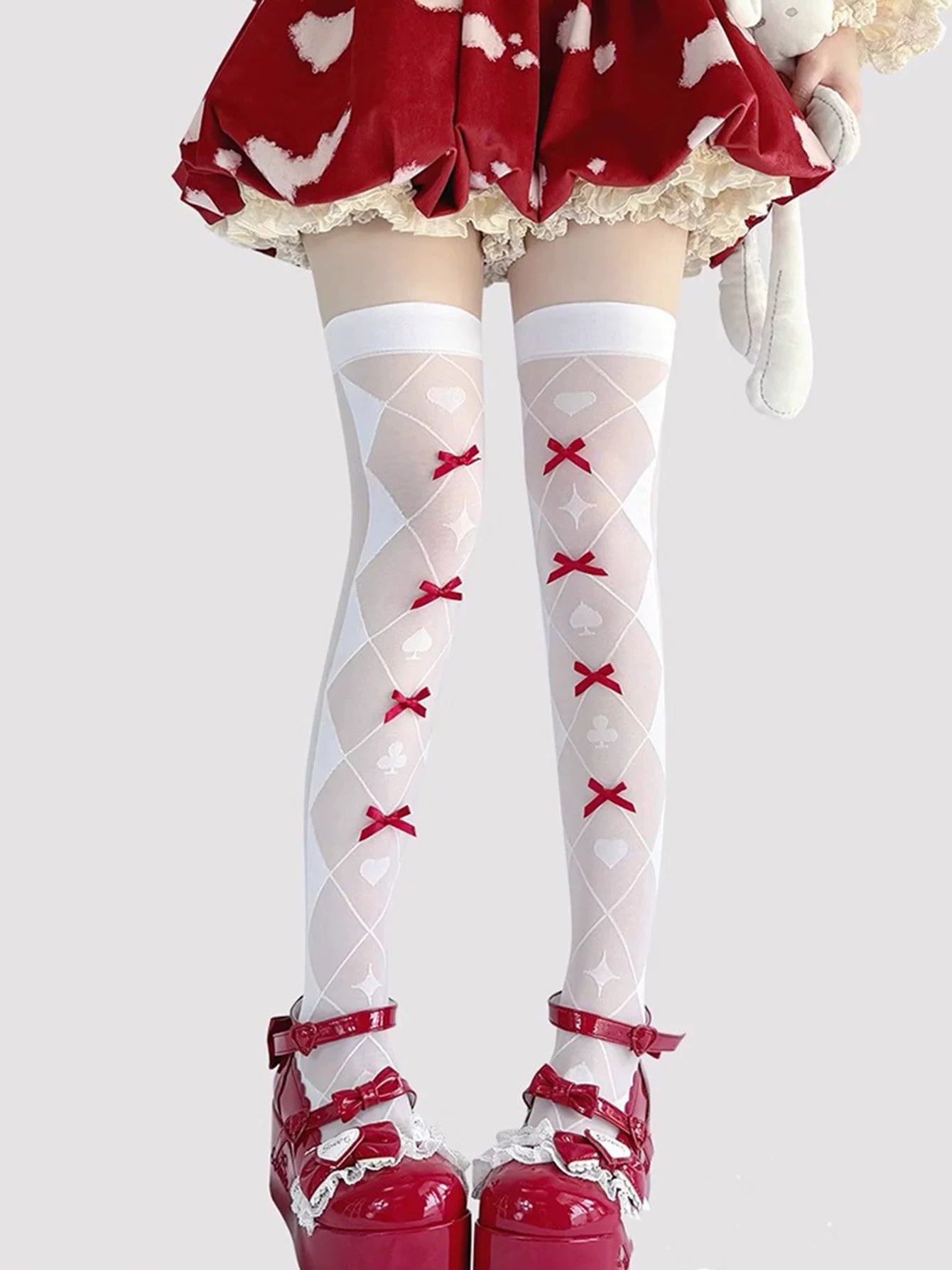 Fantasy Doll - Ribbon Jacquard - Over-the-knee jacquard socks with card-suit motifs