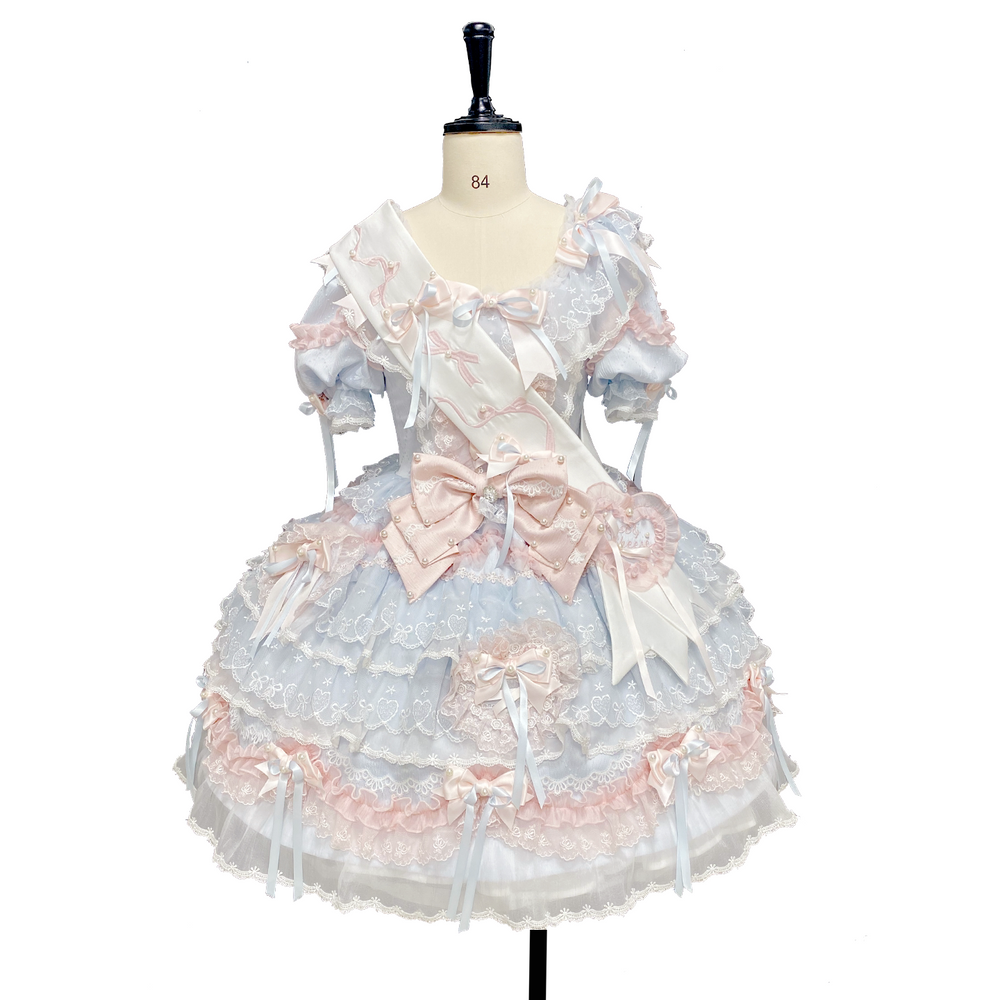 rosedecheese Asagiri Letter powder-blue and pink OP dress with layered bows.