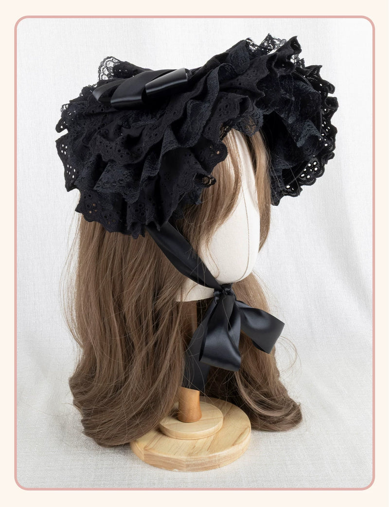 Stardust Rose - Gothic Lace - Black BNT Flat Hat with Layered Lace Trim