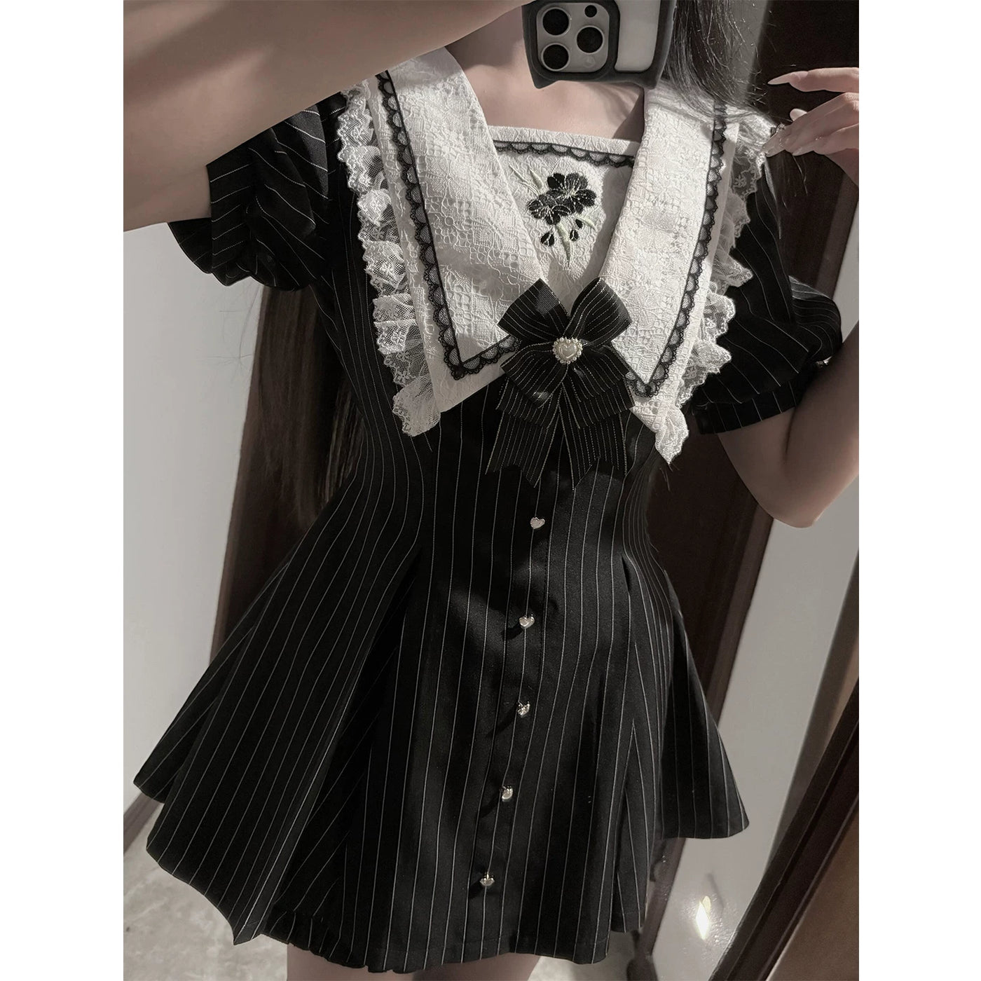 Creamy - Pinstripe Ribbon - Black One-Piece Dress and Shorts Set with White Lace Collar