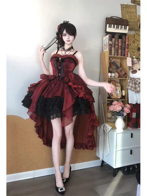 Creamy - Crimson Rose - Red JSK Dress Set with Black Ruffles and Large Train
