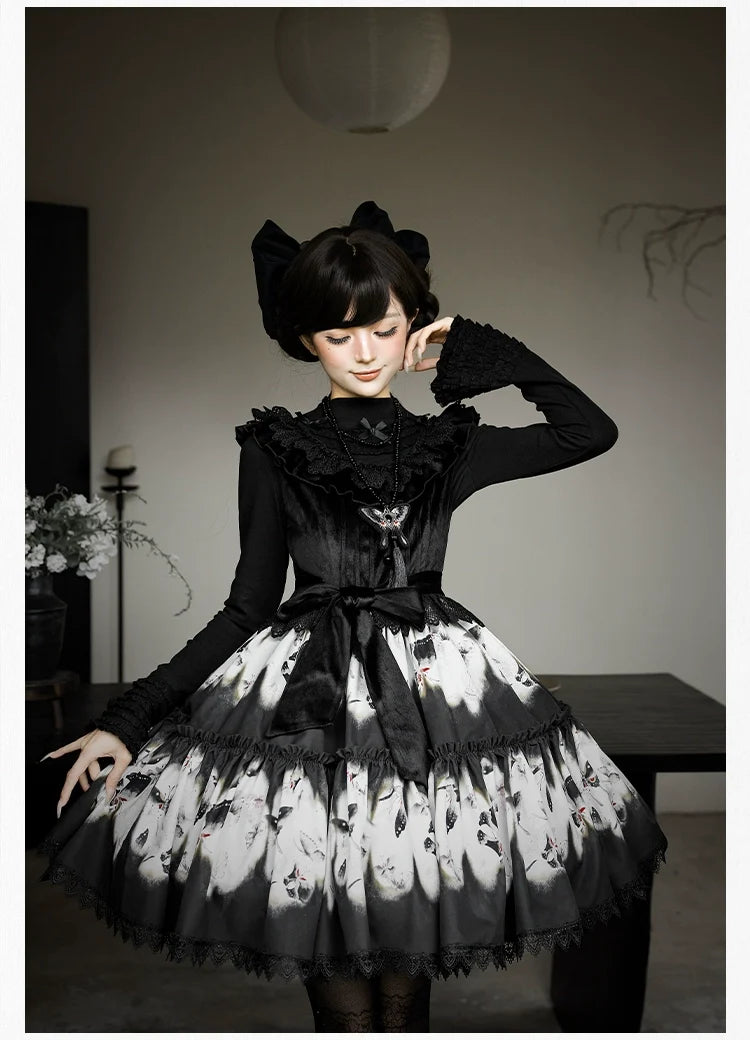 With PUJI - Dead Leaf Butterfly - Gothic Lolita JSK & OP Dress Set, Butterfly Print