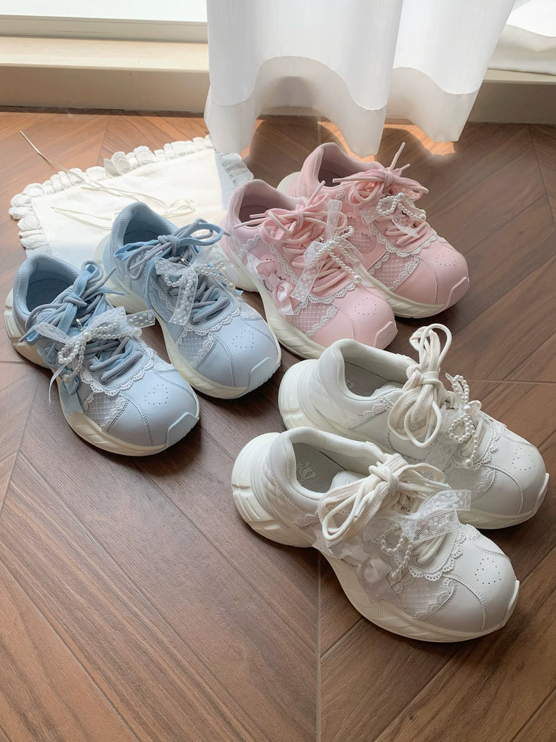 Sheep Puff Heart Bow Lo-Run Lolita Sneakers featuring white shoes with heart-shaped bows and playful details.