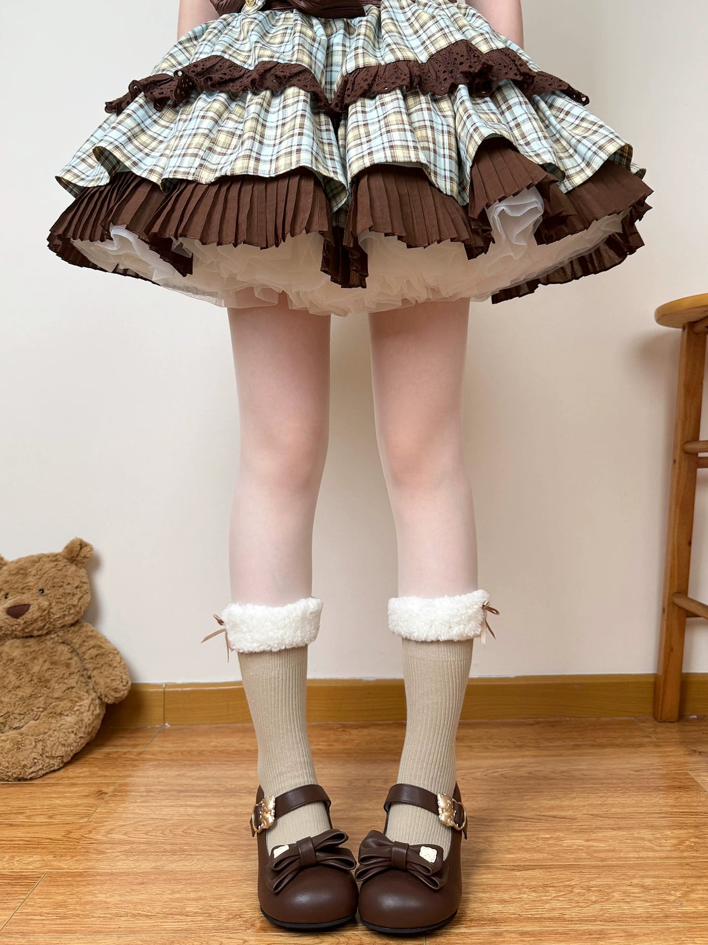 Chubby Bear Tales - Fuzzy Bow Cuff - Plush Mid-Calf Slouch Socks with Ribbon Ties