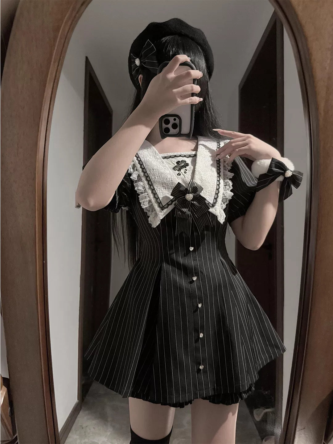 Creamy - Pinstripe Ribbon - Black One-Piece Dress and Shorts Set with White Lace Collar