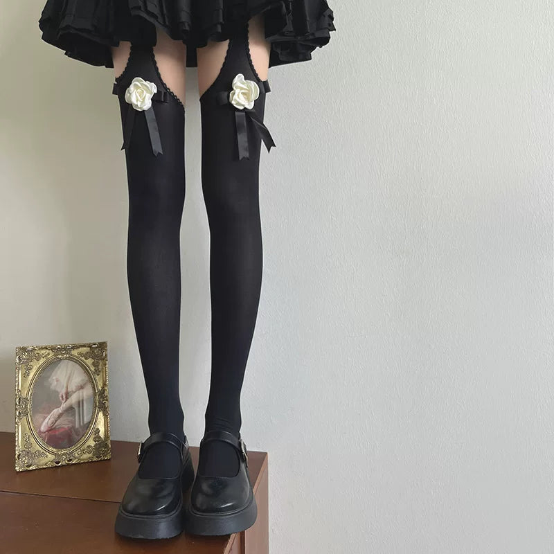 Sock Noble - Camellia Ribbon - Thigh-high stockings with camellia bows and ribbon accents