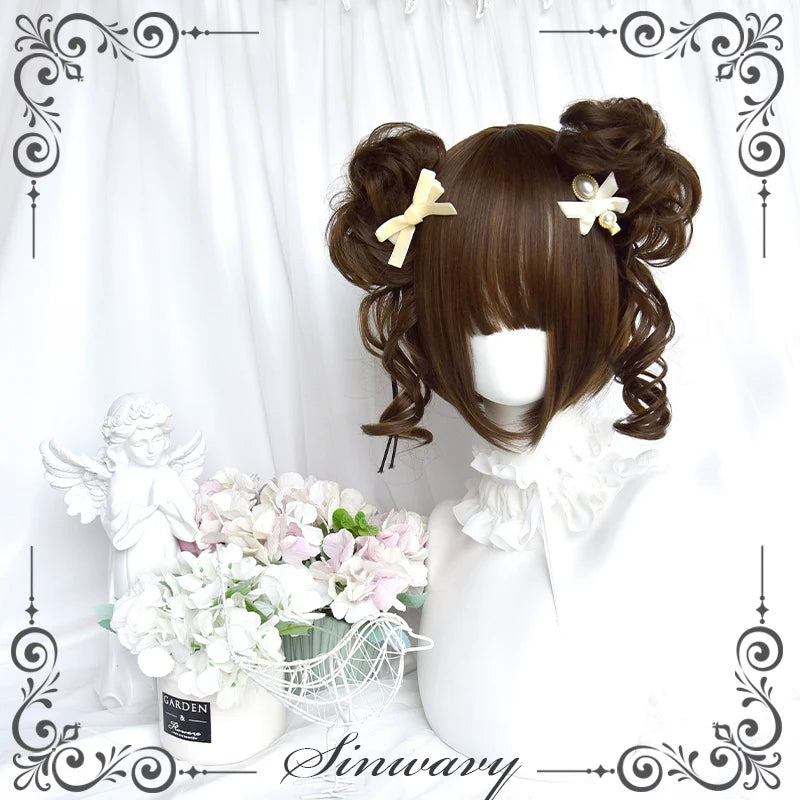 Sinwavy - Kawaii Lolita Brown Wig Cute Bun - Ponytail Doll-like Wig Wig