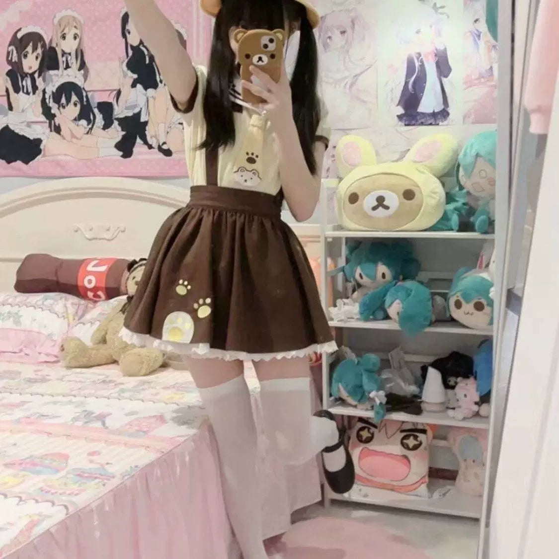 Sweetheart Dream Machine - White Bear Student - JSK Set with a Yellow Sailor Top and Coffee-Brown Suspender Skirt