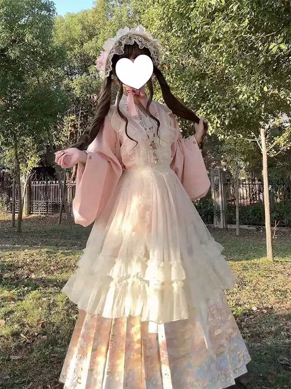 Creamy - Ming Garden - Pink Cross-Collar Top and Mamian Skirt Set