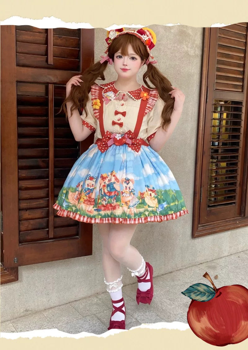 Star Fantasy - Red Apple Paradise - Red Lolita Dress with Apple and Strawberry-Cream Motifs