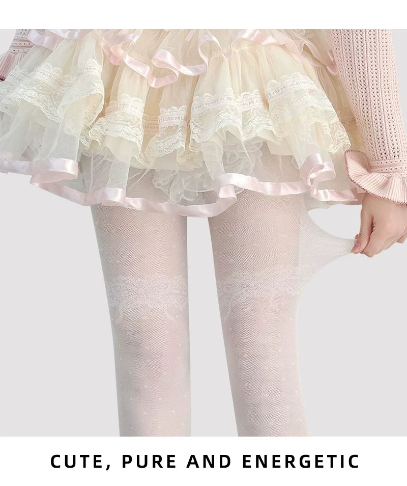 Floral Milk Cat - Y2K Polka Dot - Polka-Dot Tights with Lace Thigh Motif