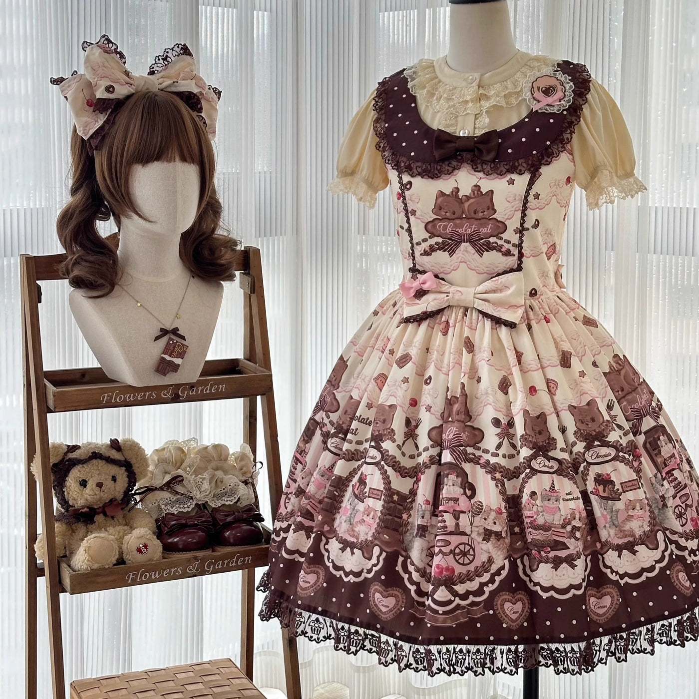DayRabbit beige Chocolate Cat JSK with cat-and-chocolate print, bows and lace-trimmed details.