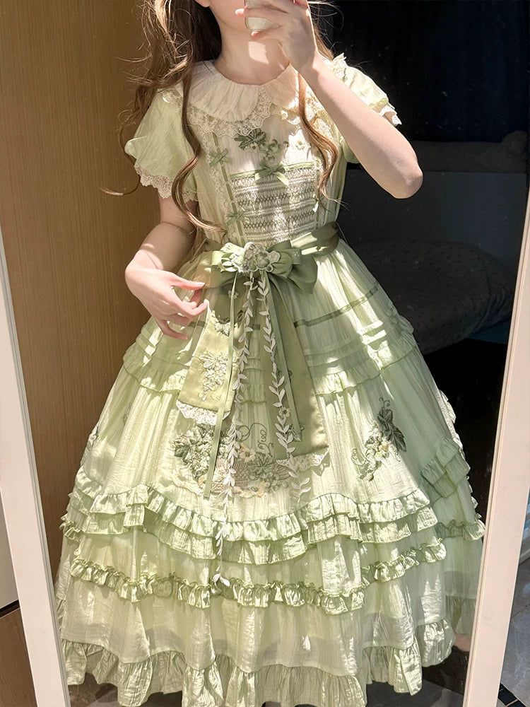 With PUJI - Green Grape - Embroidered Country Lolita OP Dress, Tiered JSK detail view 4