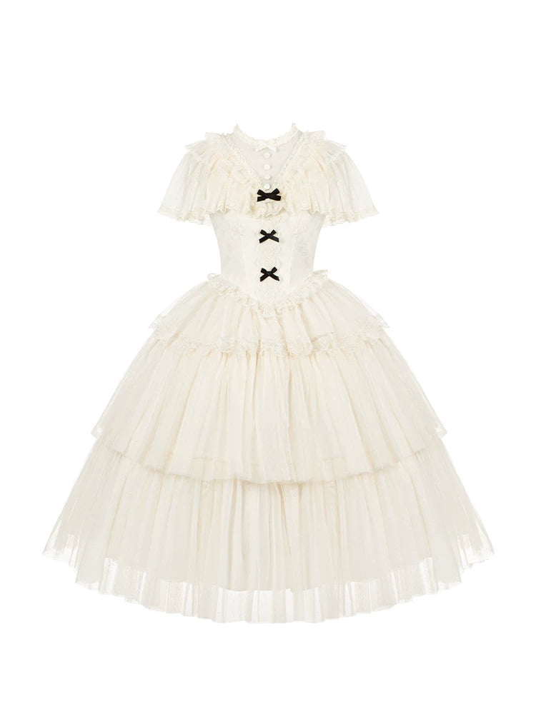 With PUJI - White Mist Promise - Classic Lolita Corset OP Set, Edwardian Collar & Tiered Hem detail view 5