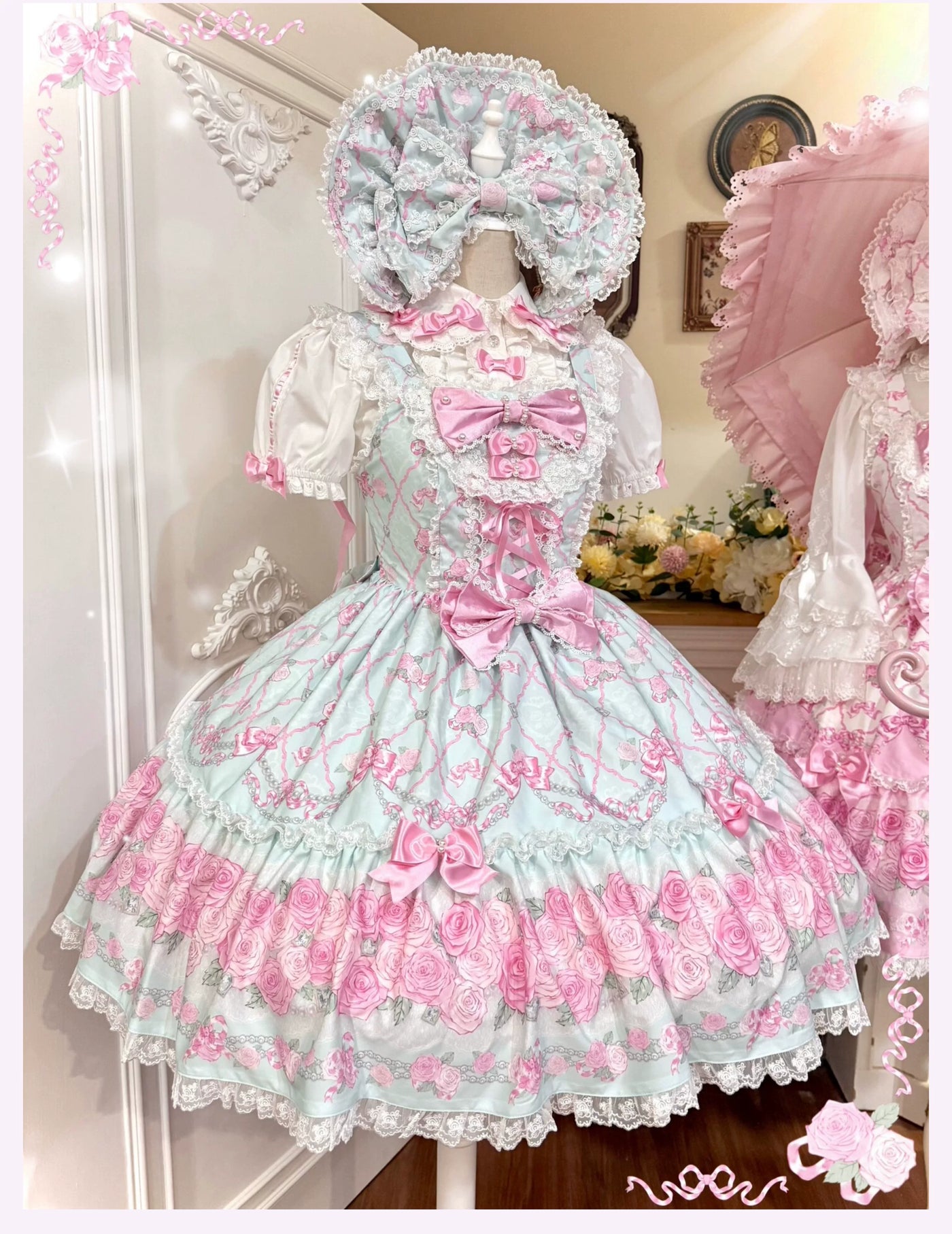Summer 2026 - Old School Lolita Floral Printed JSK Dress with Ribbon Bows JSK Only - Mint Green S