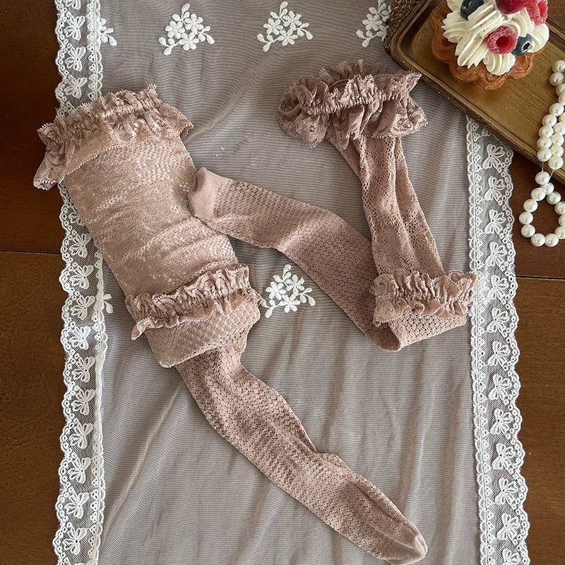 Sock Noble - Khaki Heart Lace - Khaki Pantyhose with Heart Motifs and Lace Panels