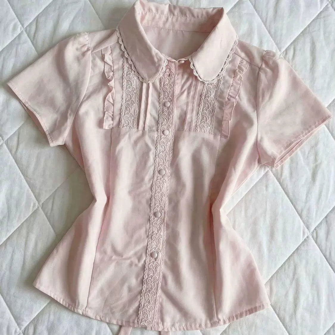 Sweetheart Dream Machine - Pink Lace Polo - Short-Sleeve Blouse with a Lace-Trimmed Polo Collar