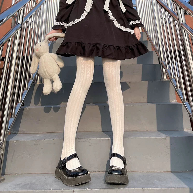 Floral Milk Cat - Milky Cable Motif - 140D velvet tights with a textured knit pattern