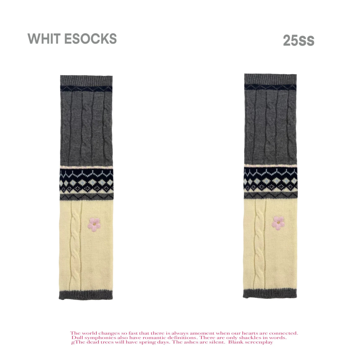 Knit leg warmers in gray and off-white or coffee brown and blue with contrast patterned bands.