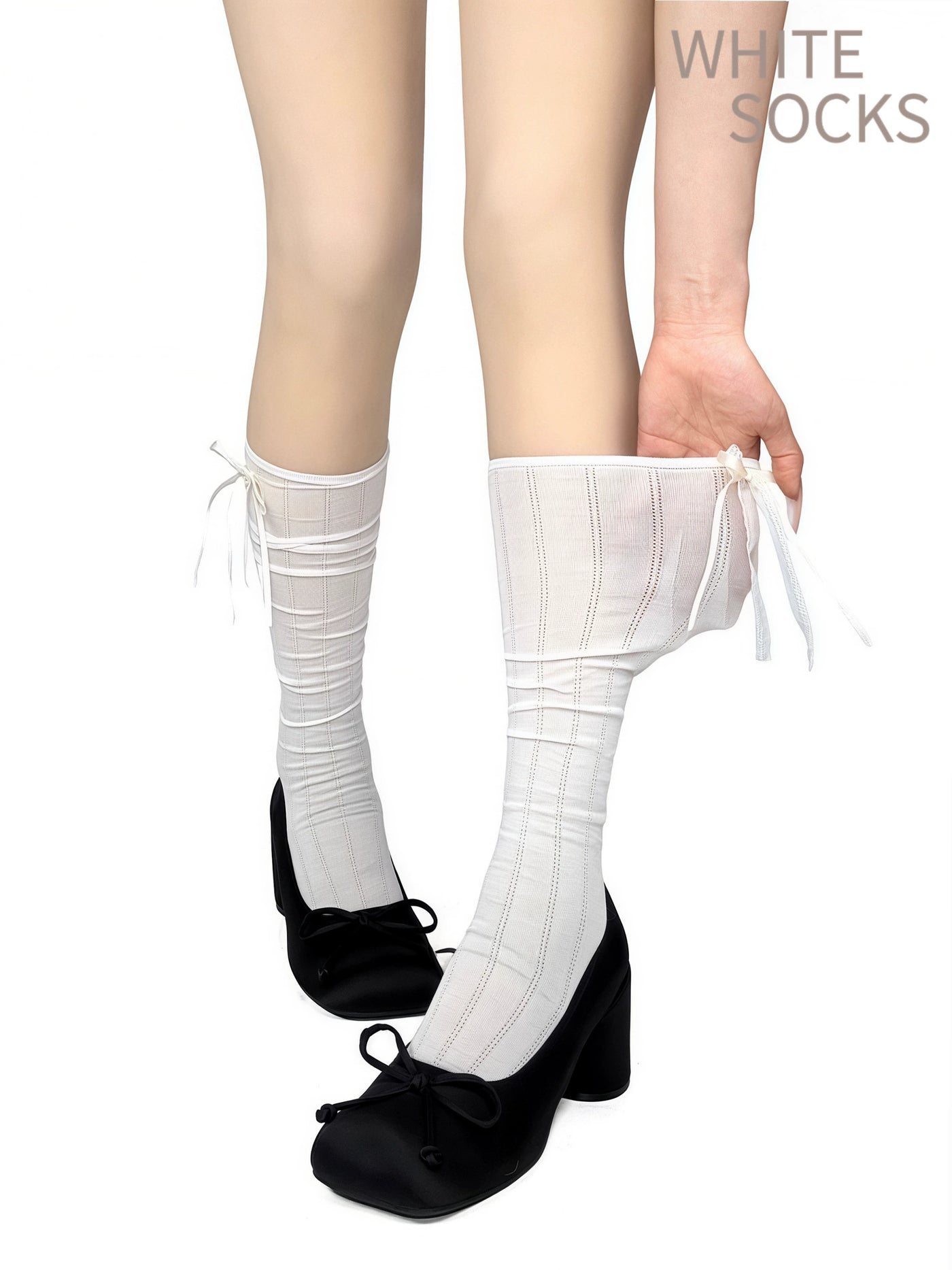 White Socks - Ballet Lace Slouch Socks - Long Socks with Lace Trim and Bow Details