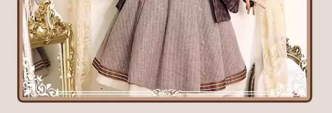 Baozi Pig - Detective Era - One-Piece Dress and Woolen Coat Set with Pinstripes