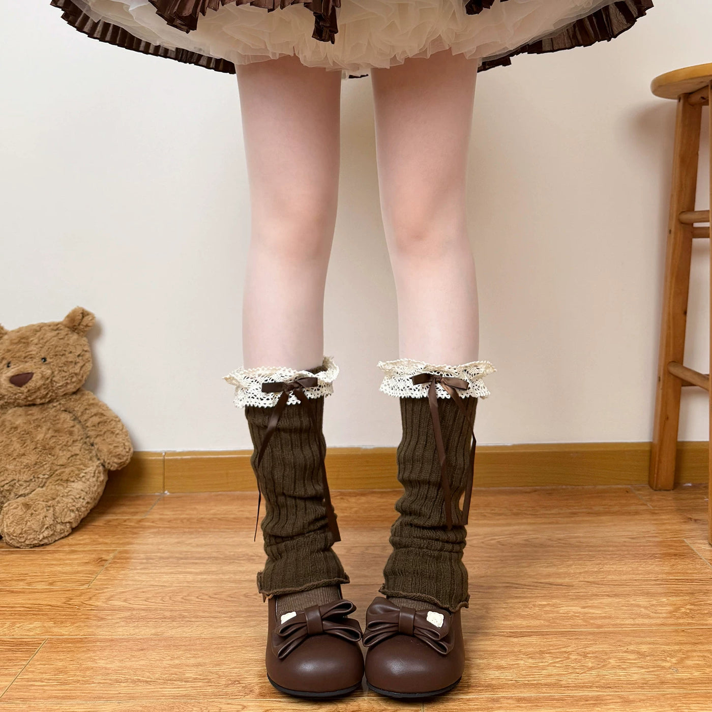 Chubby Bear Tales - Coffee Ribbon Slouch - Knit Leg Warmers with Lace Bows