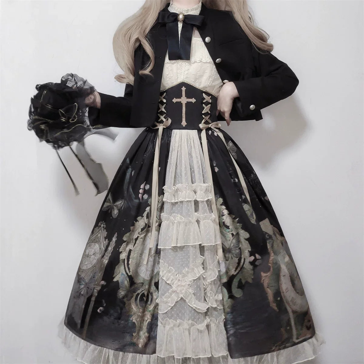 Your Princess - Clock Butterfly - Gothic Lolita Printed Blouse and Corset Skirt Set