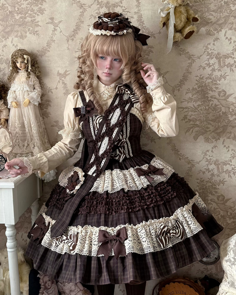 Eye Of White Crow - Chocolate Plaid - Kawaii Lolita JSK dress with layered ruffles - product detail 9