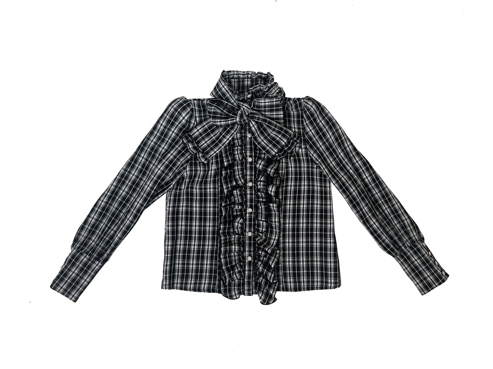 Black plaid Gothic Lolita blouse with scarf bow and ruffled collar