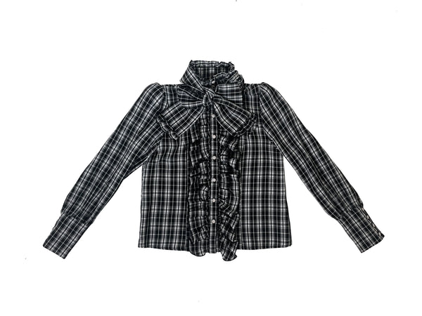 Black plaid Gothic Lolita blouse with scarf bow and ruffled collar