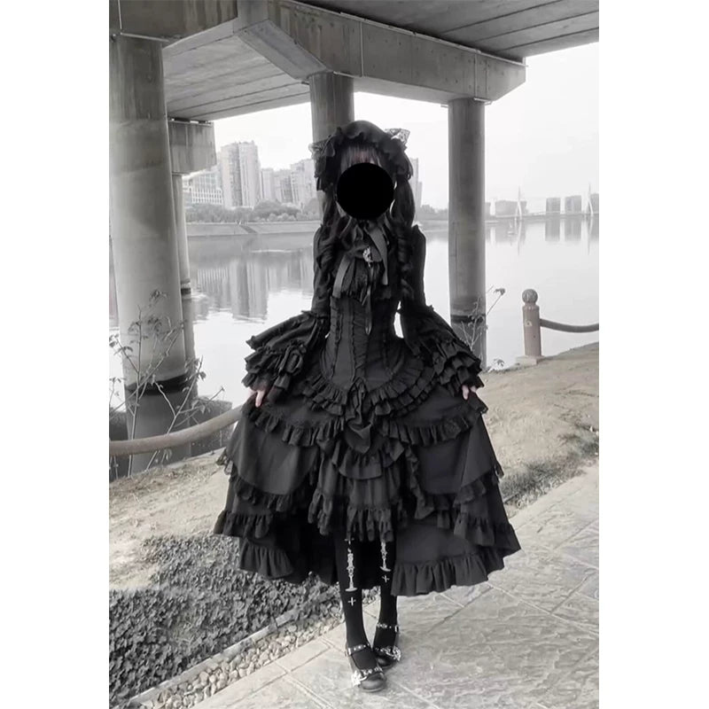 Creamy - Gothic Ruffle Set - Black Princess-Sleeve Blouse and Skirt Set with Layered Ruffles