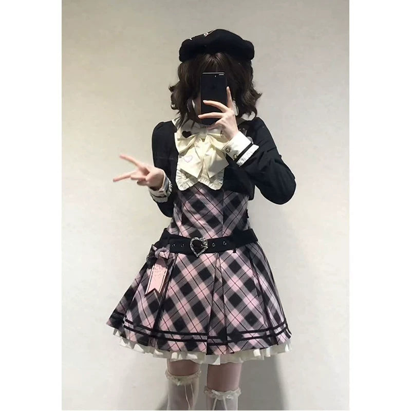 Creamy - Pink Plaid Noir - Pink one-piece dress (OP) with black faux two-piece styling
