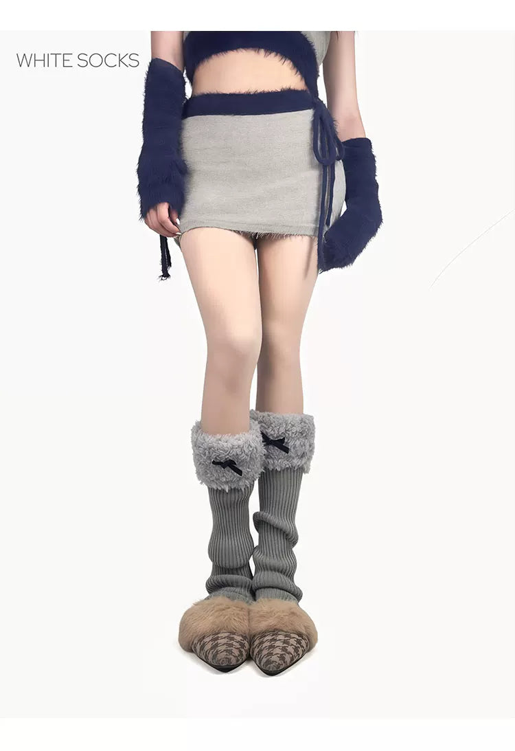 White Socks - Fleece Bow - Stirrup Knit Leg Warmers with Fleece Cuffs