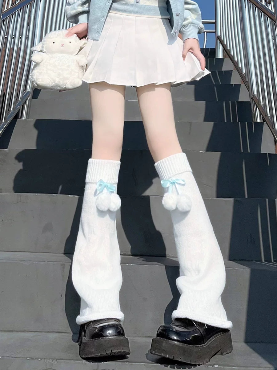 Floral Milk Cat - Pom-Pom Slouch - Socks with Long Knit Leg Warmers and Pom-Pom Accents