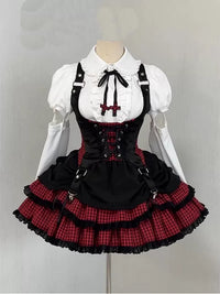 Creamy - Black-Red Idol - Multi-Piece Outfit Set with Gingham Ruffle Layers - Short-sleeve shirt + vest + half skirt + leg covers + detachable sleeves + bow tie + collar cord / S