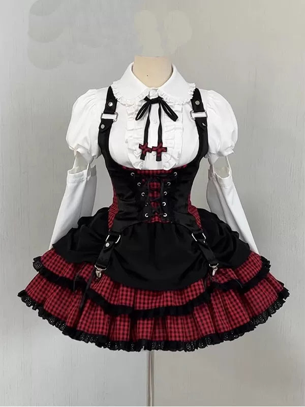 Black-and-red Lolita outfit displayed on a mannequin with gingham ruffle layers and corset-style vest