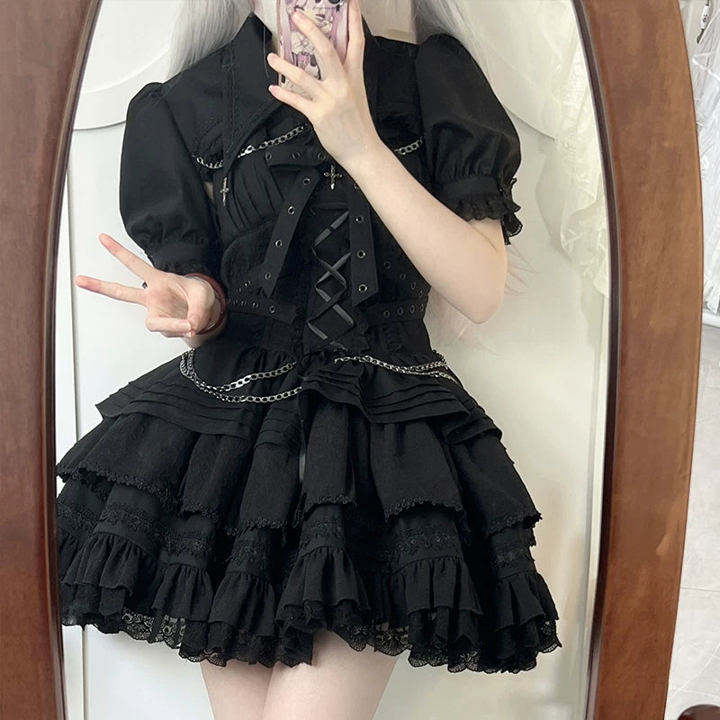 Leopard Cat contract cross JSK dress by Lolita Fetch featuring gothic and sweet design elements, shown on a hanger.