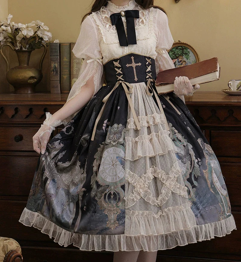 Your Princess - Clock Butterfly - Gothic Lolita Printed Blouse and Corset Skirt Set