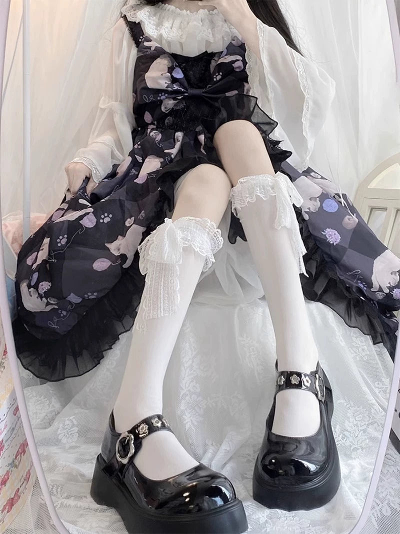 Floral Milk Cat - Lace-Tie Cuff - Thin-Velvet Calf Socks with Lace Trim