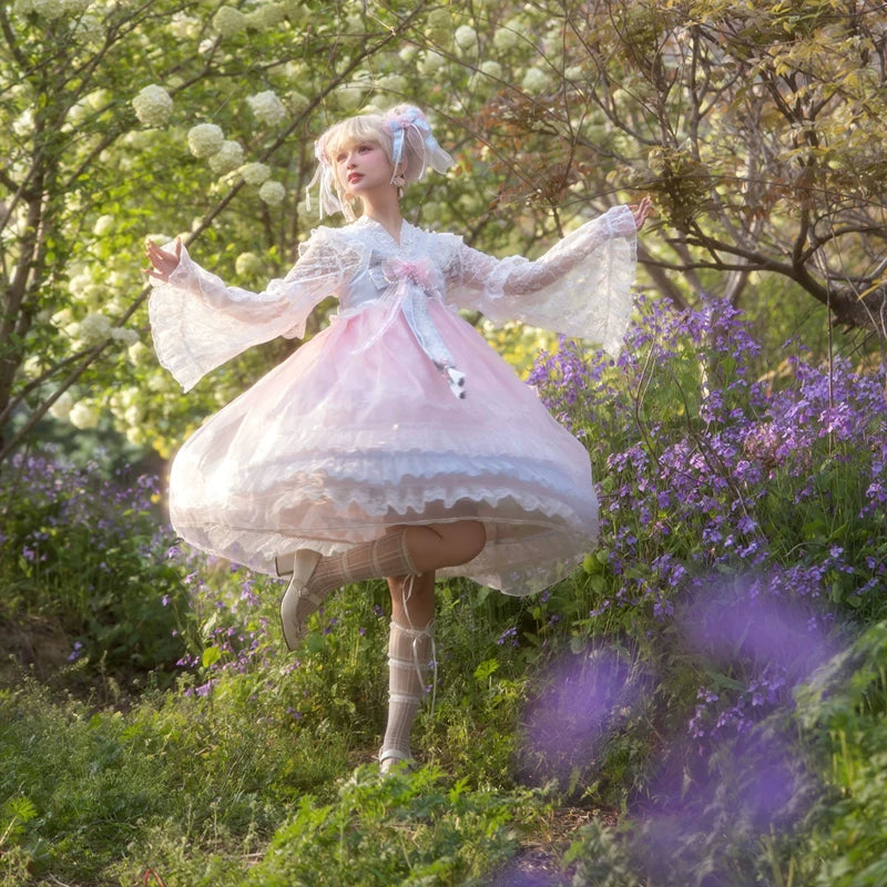 Lady Han Peach Spring Chinese JSK dress in soft peach fabric with floral patterns, featuring traditional design elements.