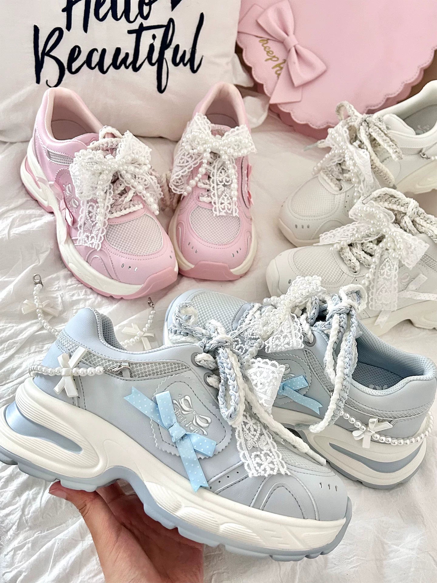 Sheep Puff Heartbeat Signal Lolita Sneakers with cute sheep puff design and heartbeat pattern, casual shoes for stylish comfort.