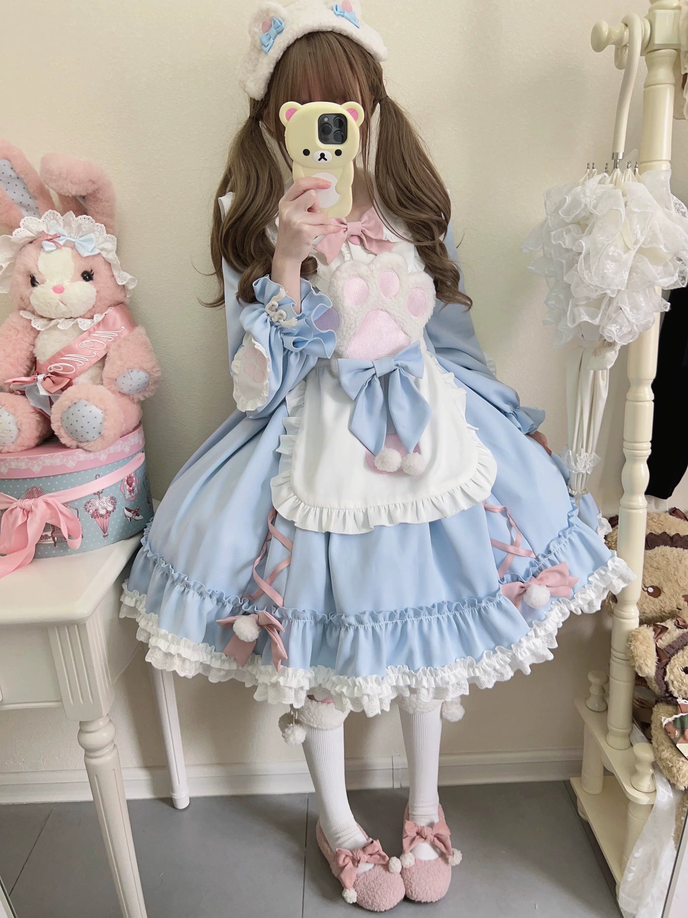 Tata Long Ear - Meow Meow - Blue OP Dress with a Ruffled Apron