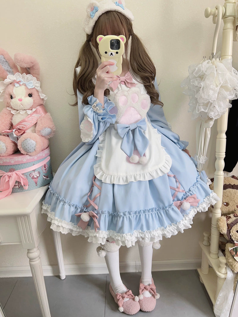 Tata Long Ear - Meow Meow - Blue OP Dress with a Ruffled Apron