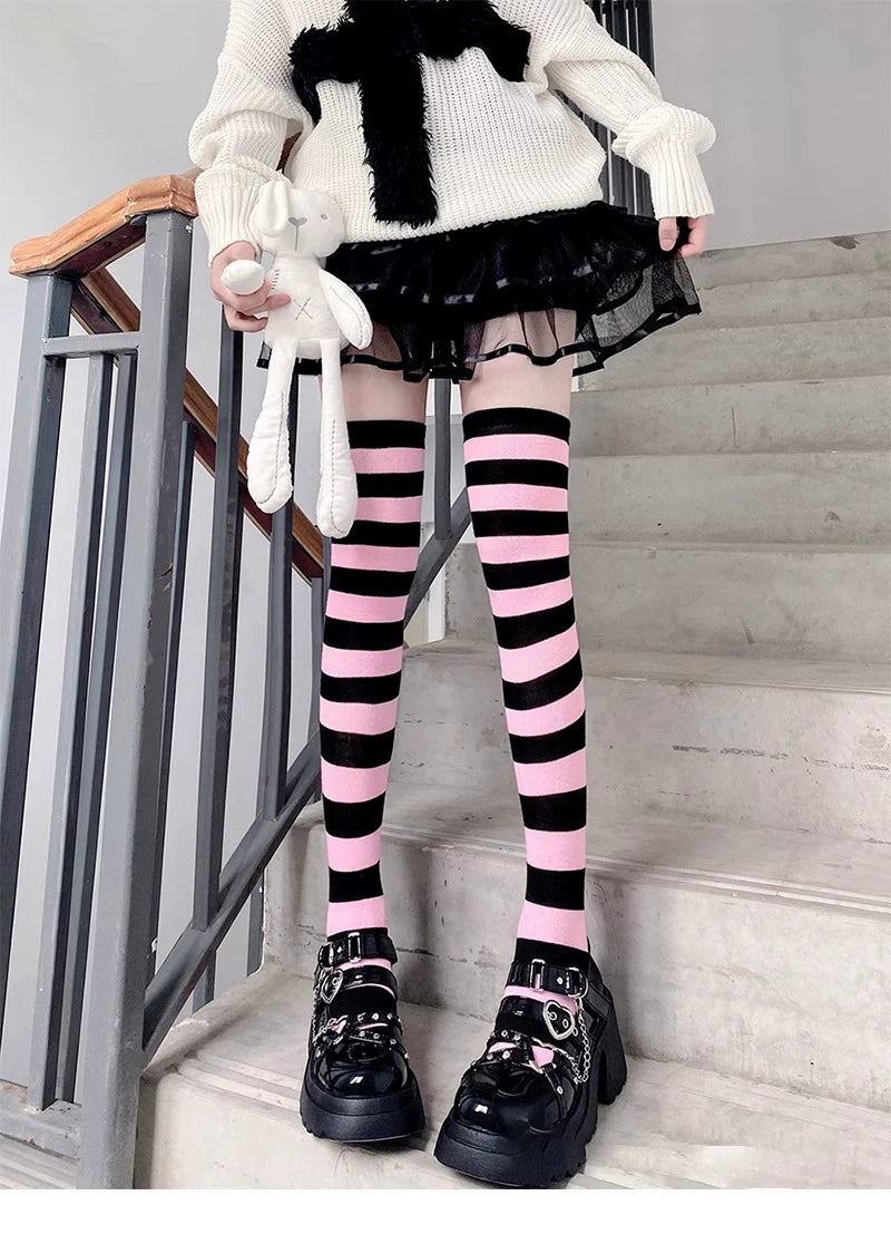 Floral Milk Cat - Graphic Stripe - Over-the-Knee Striped Socks