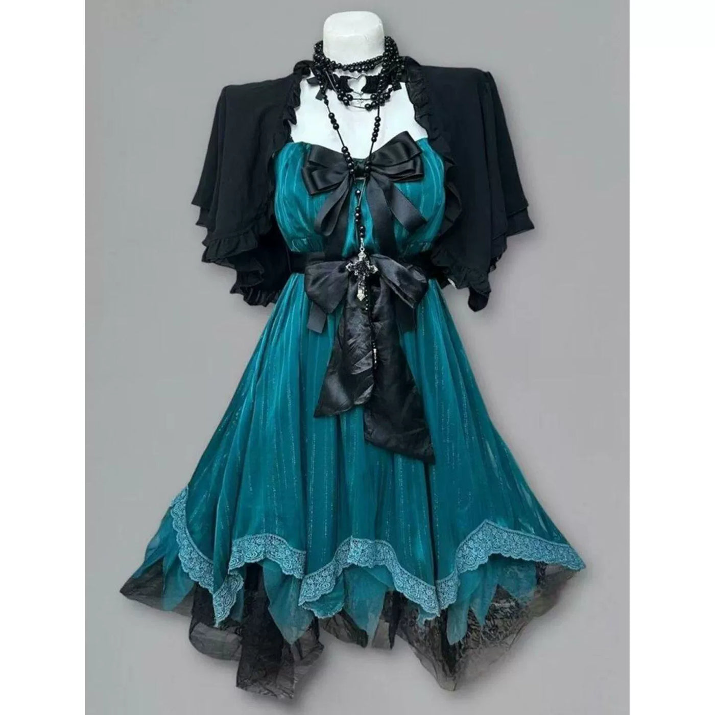 Creamy - Vintage-Inspired Summer - Cardigan-Style Dress Two-Piece Set with Black Bow