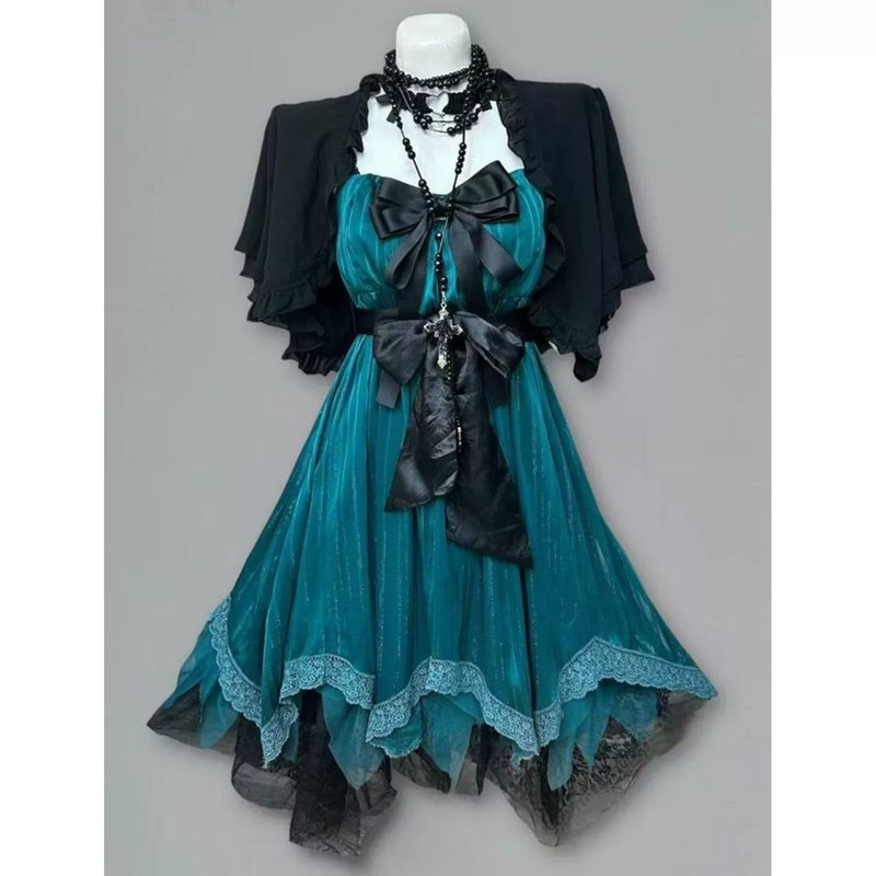 Creamy - Vintage-Inspired Summer - Cardigan-Style Dress Two-Piece Set with Black Bow