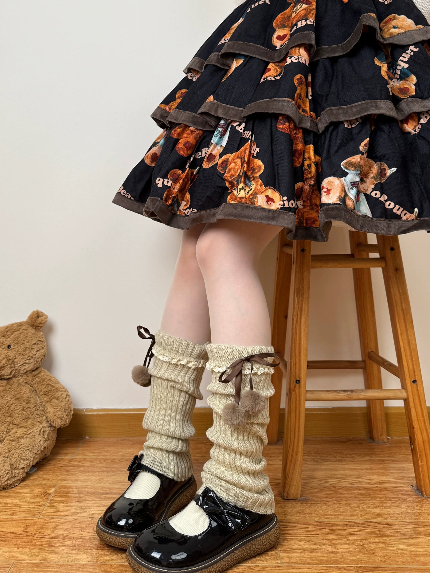 Chubby Bear Tales - Ribbon Knit - Scrunched Knit Leg-Warmer Socks with Ribbon Ties