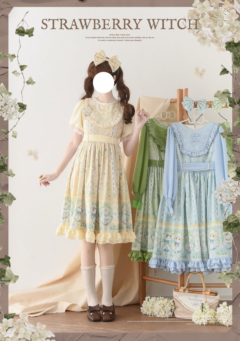 Strawberry Witch - Lily of the Valley Kitten - Country Lolita OP with Embroidery and Cat Print