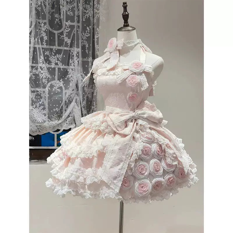 Creamy - Pink Rose - Pink dress with rose appliqués and lace trim